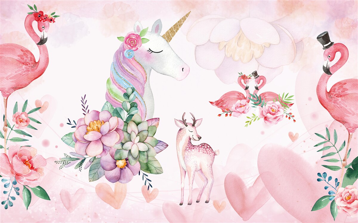 Fotobehang roze dieren versierd met bloemen