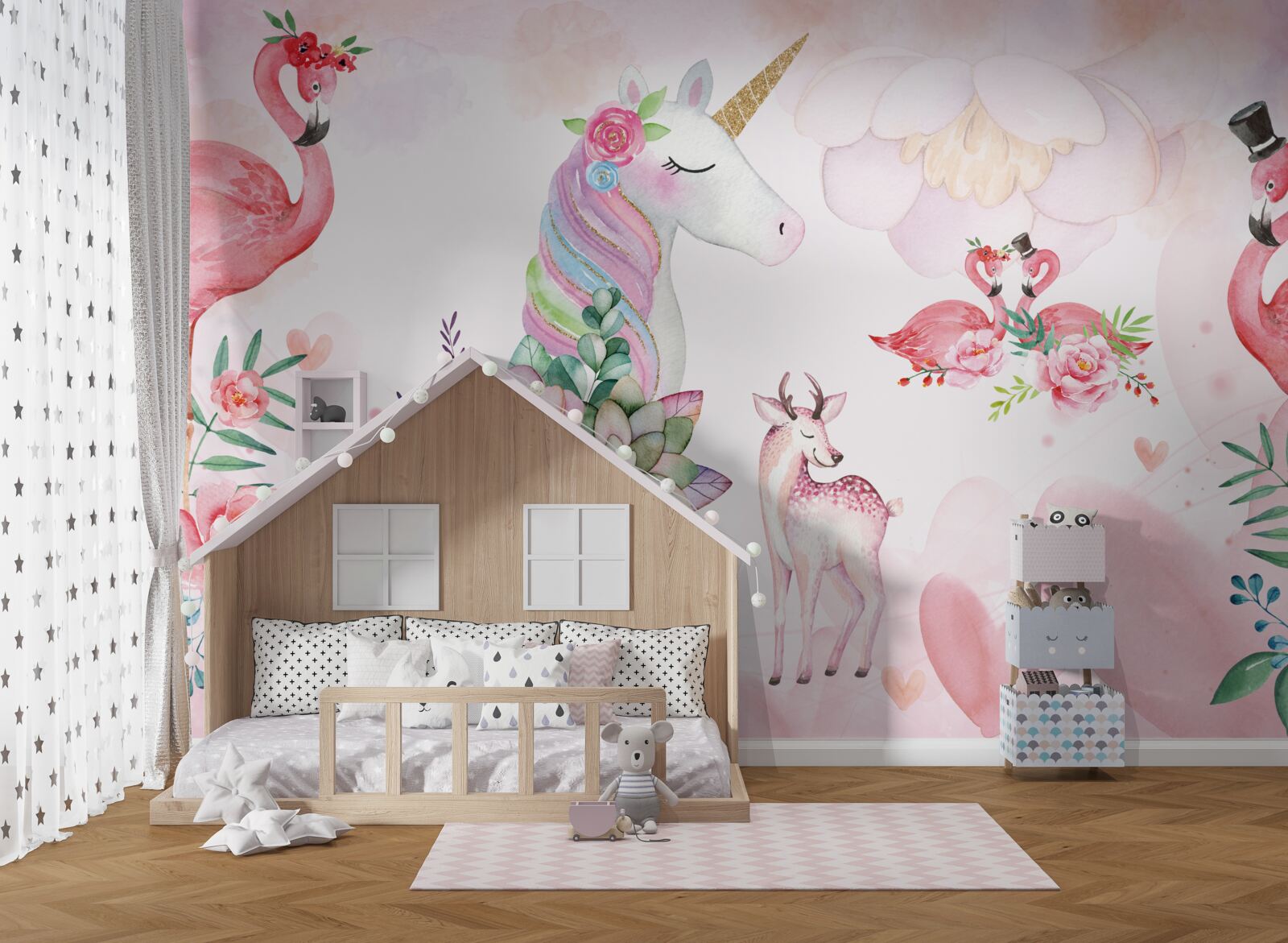 Fotobehang roze dieren versierd met bloemen