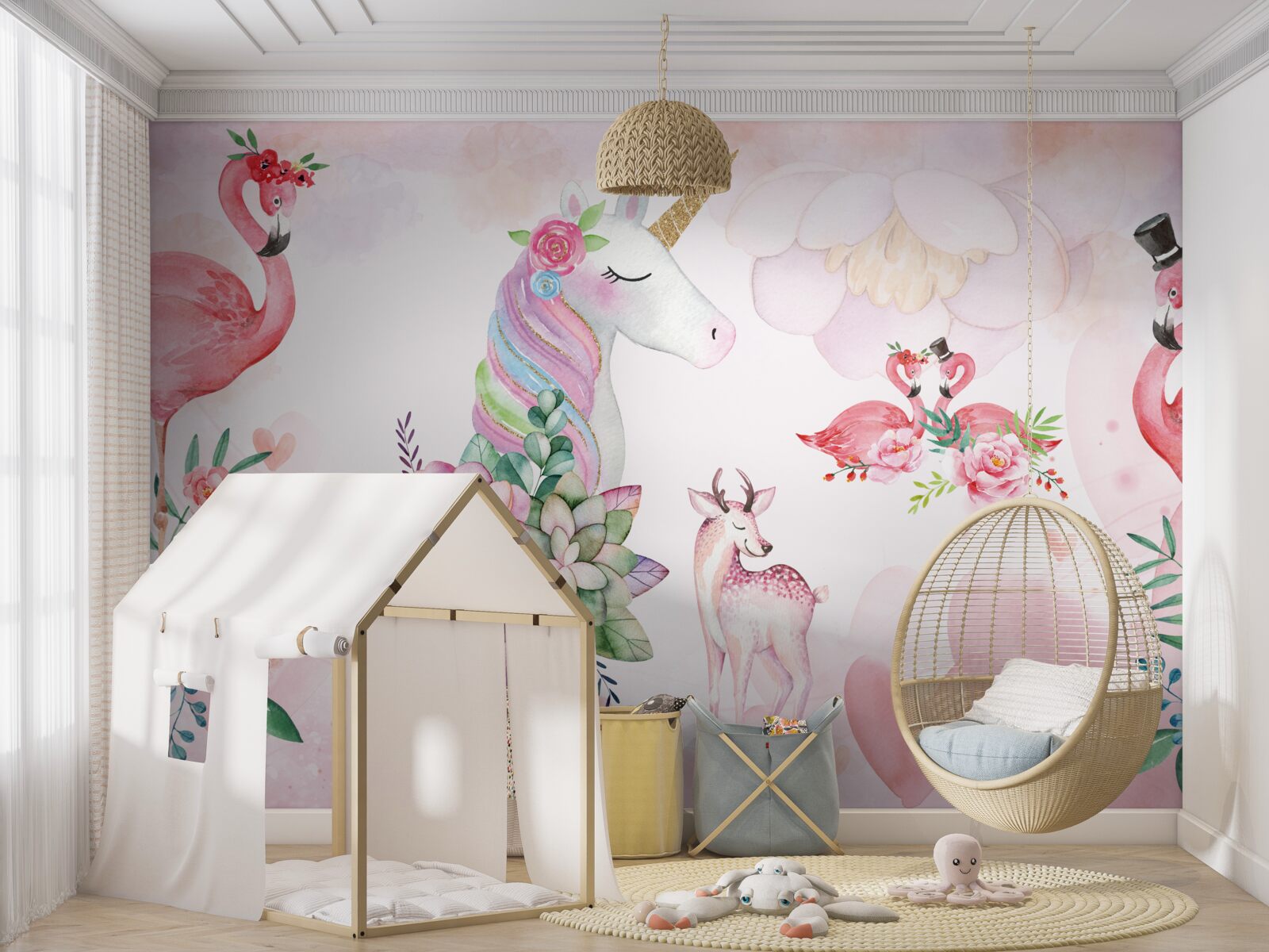 Fotobehang roze dieren versierd met bloemen