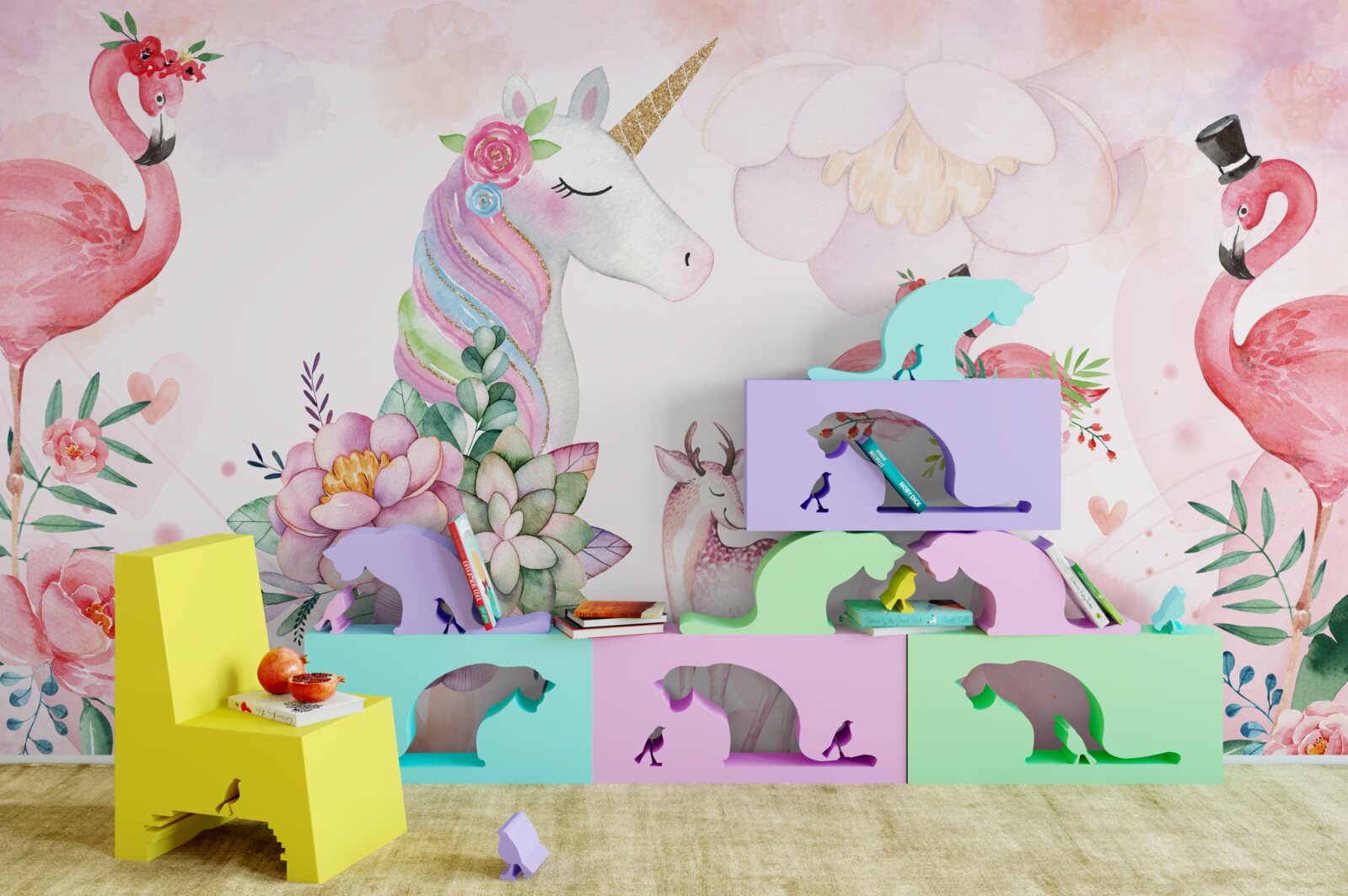 Fotobehang roze dieren versierd met bloemen