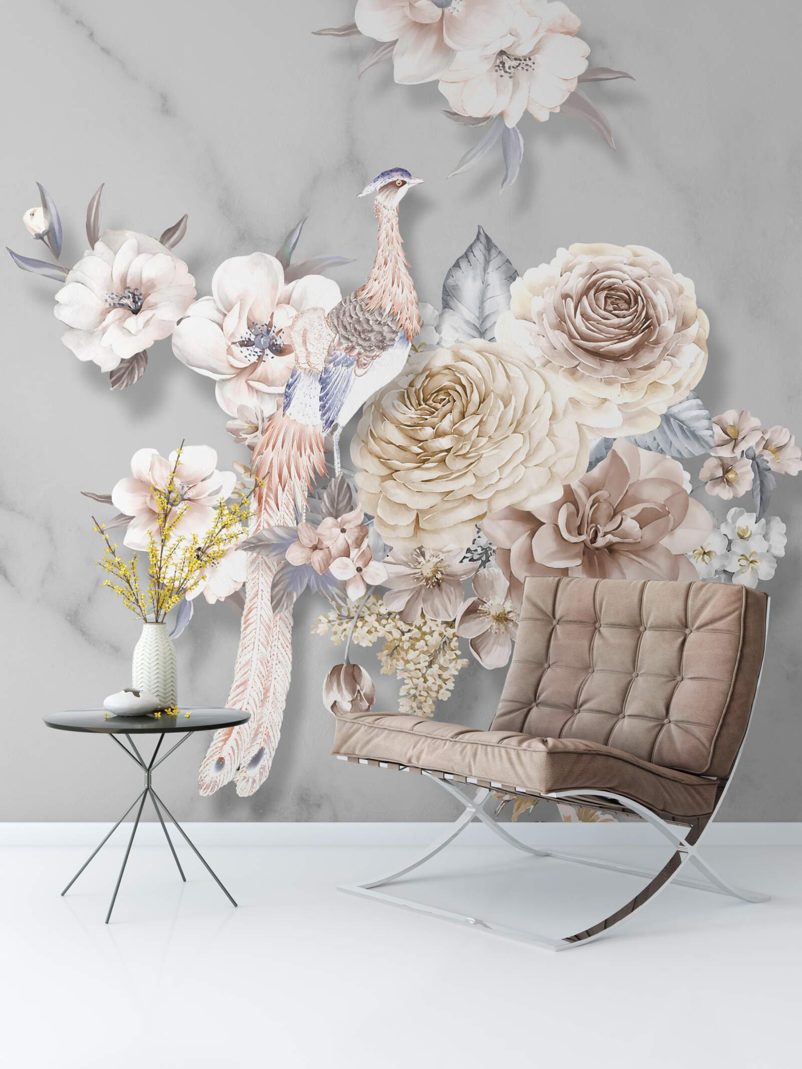 Fotobehang bloemstuk met pauw