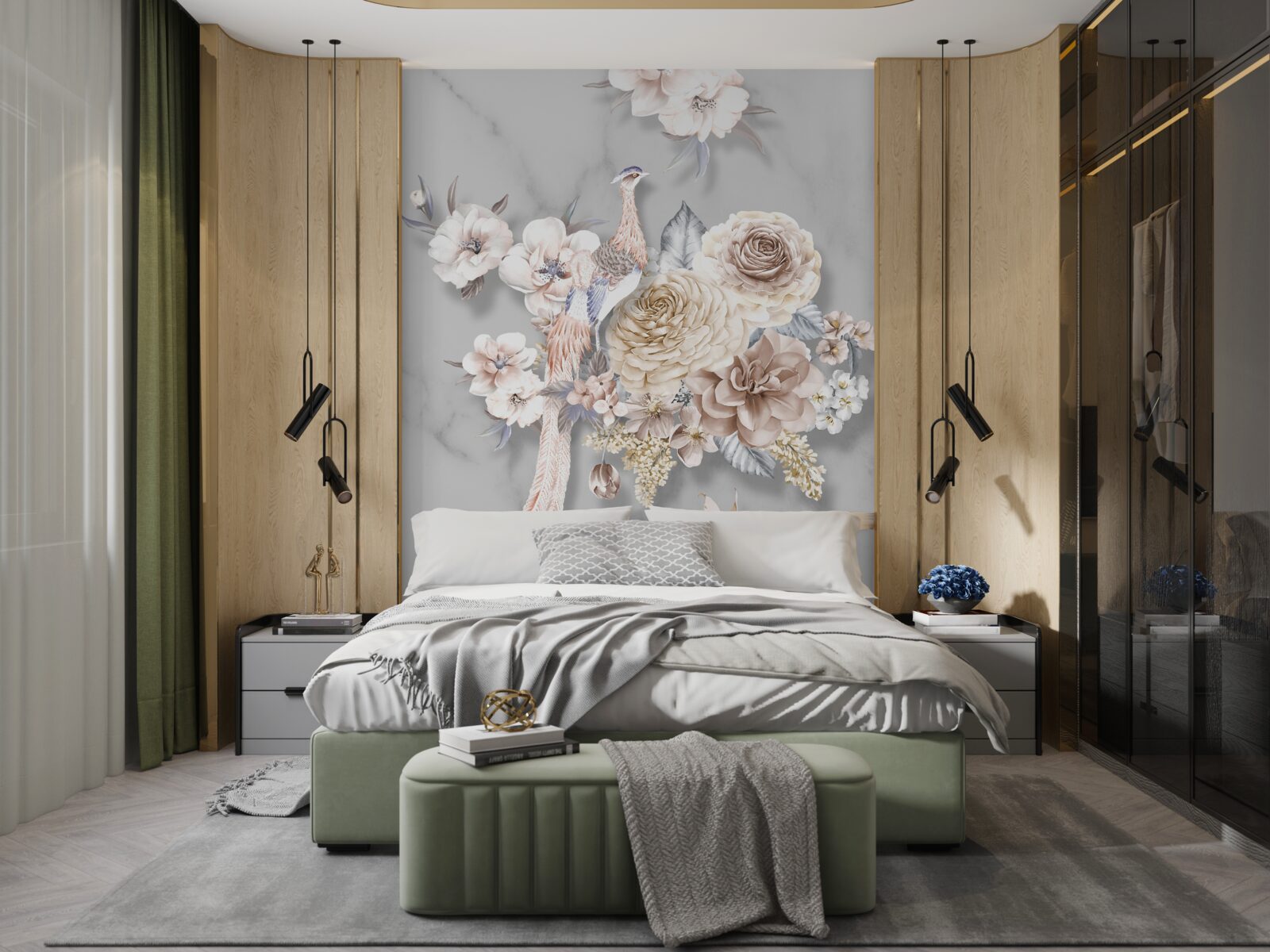 Fotobehang bloemstuk met pauw