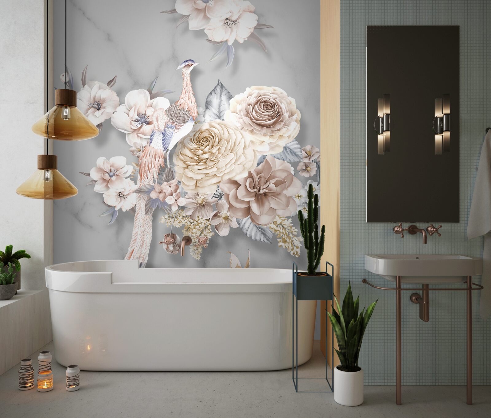 Fotobehang bloemstuk met pauw