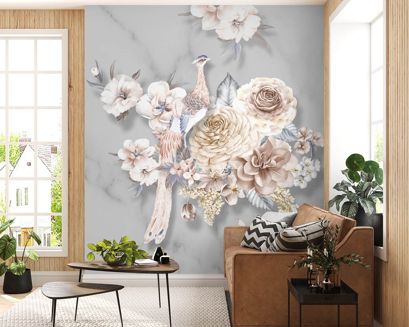 Fotobehang bloemstuk met pauw