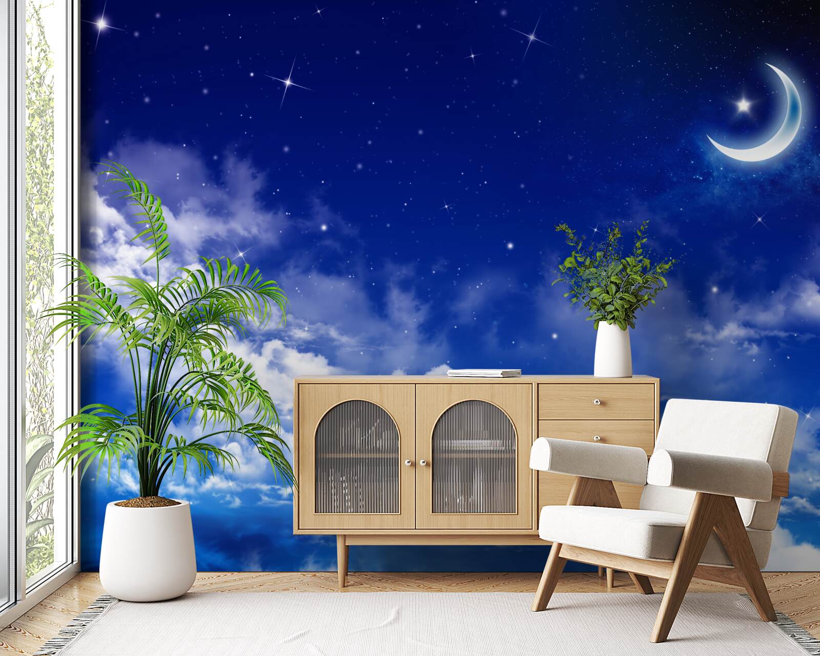 Fotobehang nacht onder de maan en fonkelende sterren