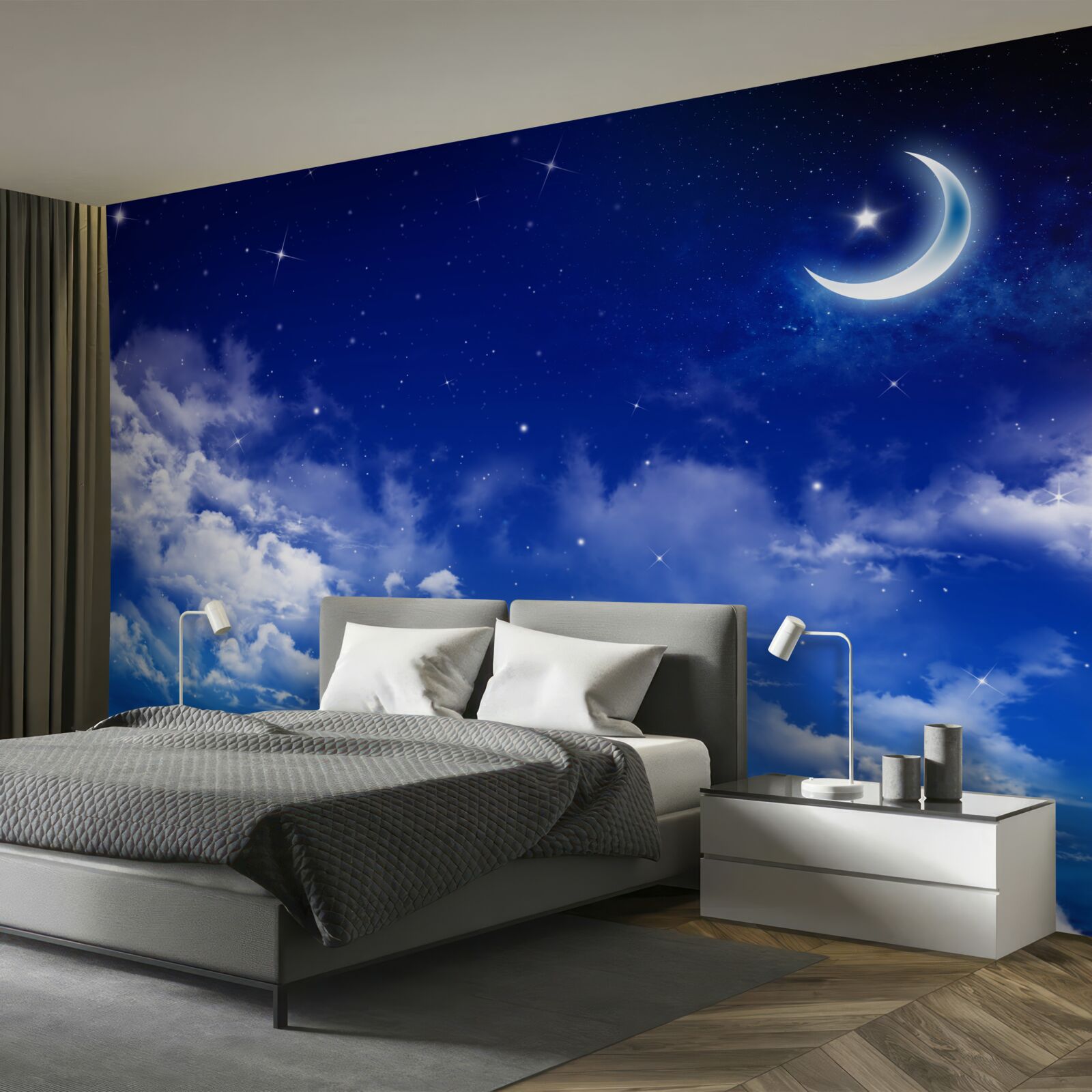 Fotobehang nacht onder de maan en fonkelende sterren