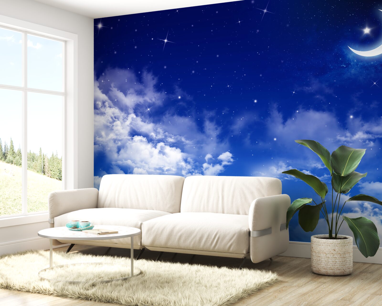 Fotobehang nacht onder de maan en fonkelende sterren