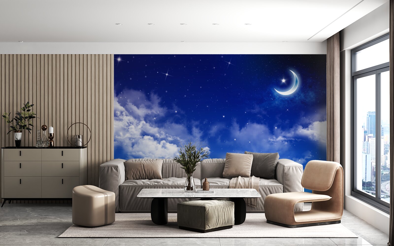 Fotobehang nacht onder de maan en fonkelende sterren