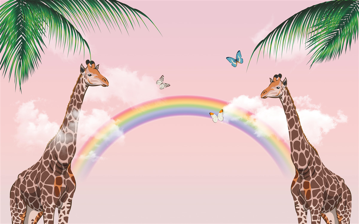 Fotobehang twee giraffen kijken naar een regenboog