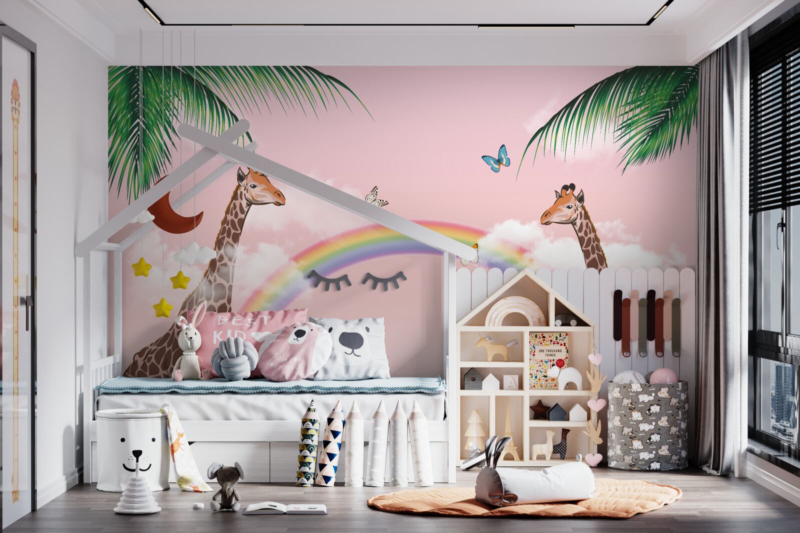 Fotobehang twee giraffen kijken naar een regenboog