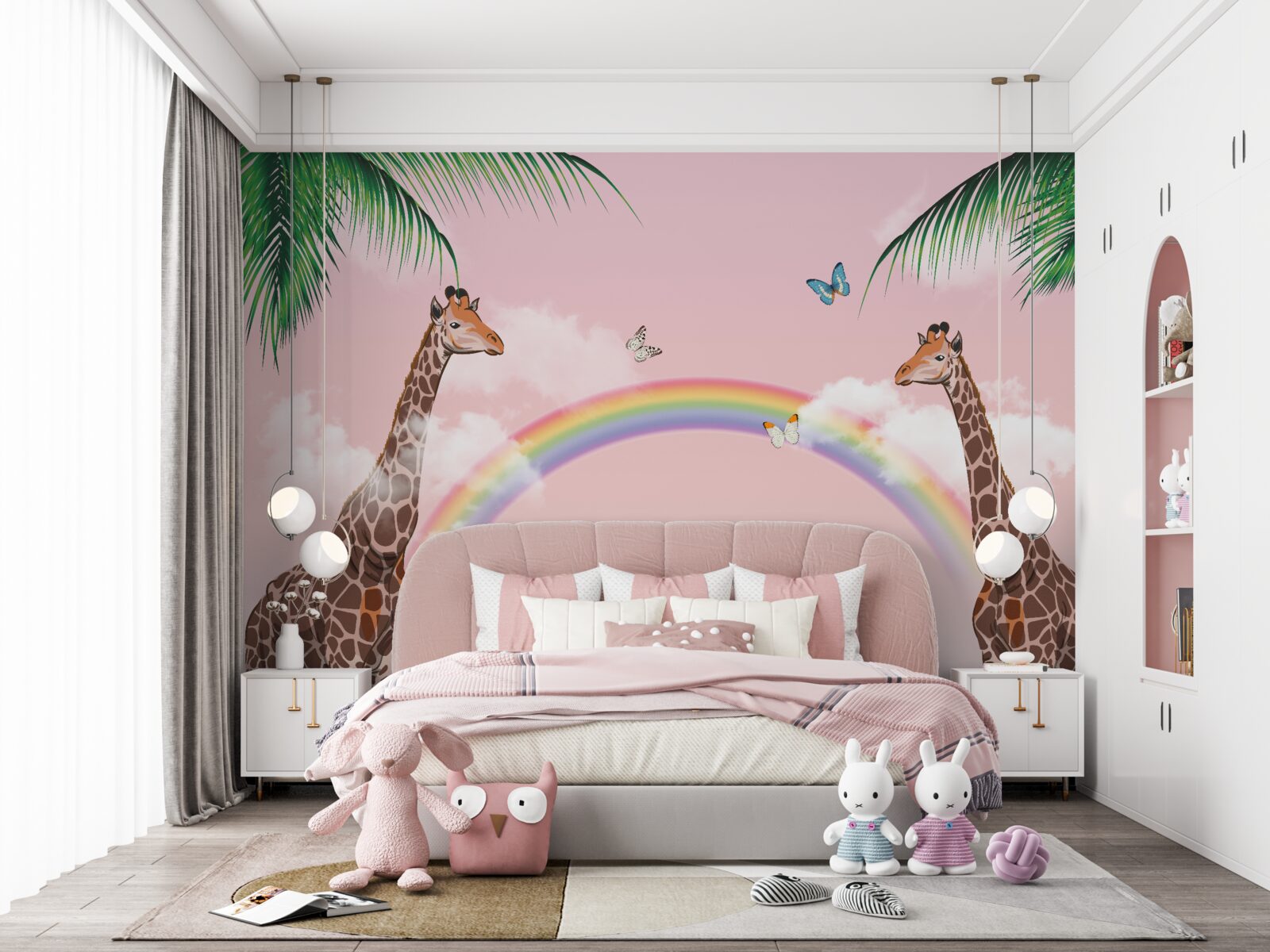Fotobehang twee giraffen kijken naar een regenboog