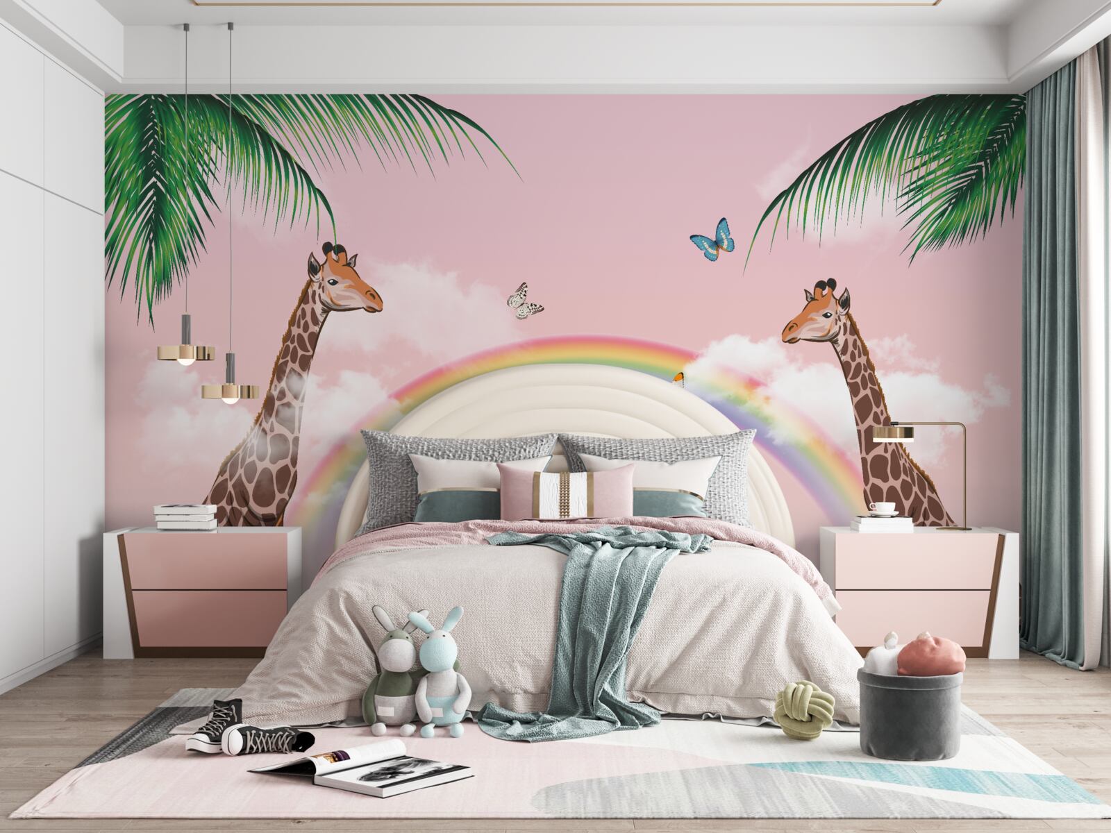 Fotobehang twee giraffen kijken naar een regenboog