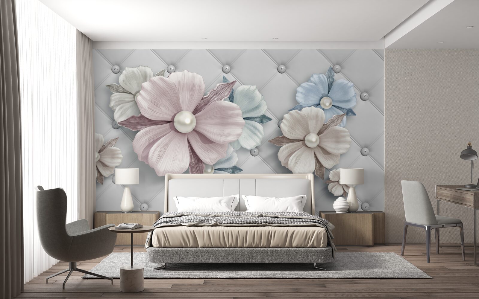 Fotobehang textuur van bloemen en parelmoer