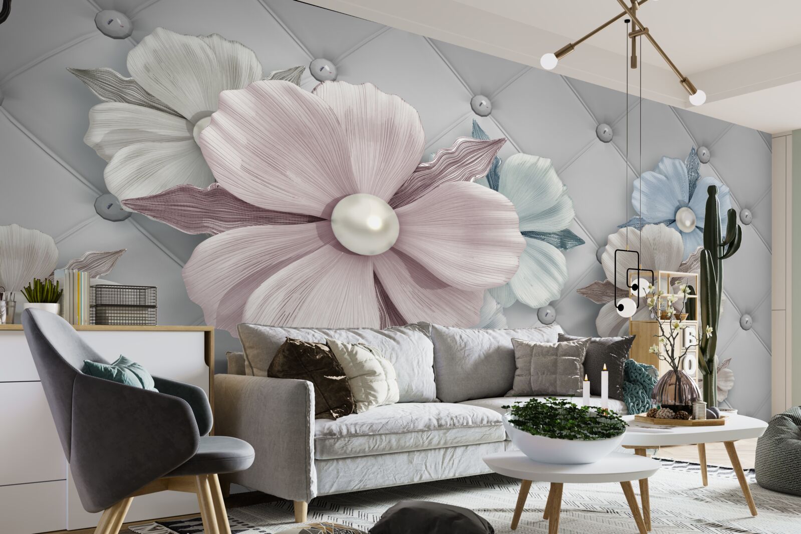 Fotobehang textuur van bloemen en parelmoer