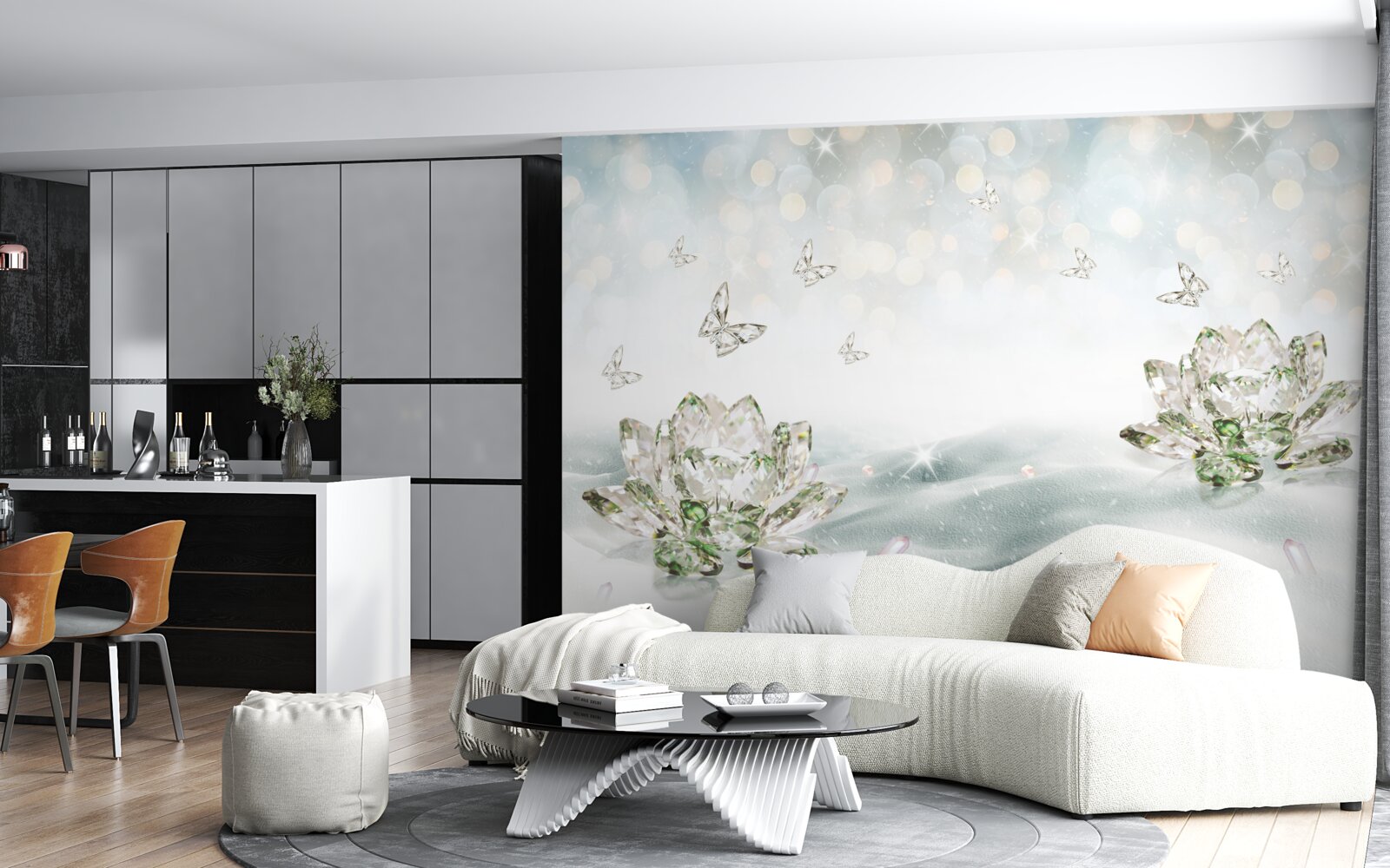 Fotobehang bloemen en vlinders van glas