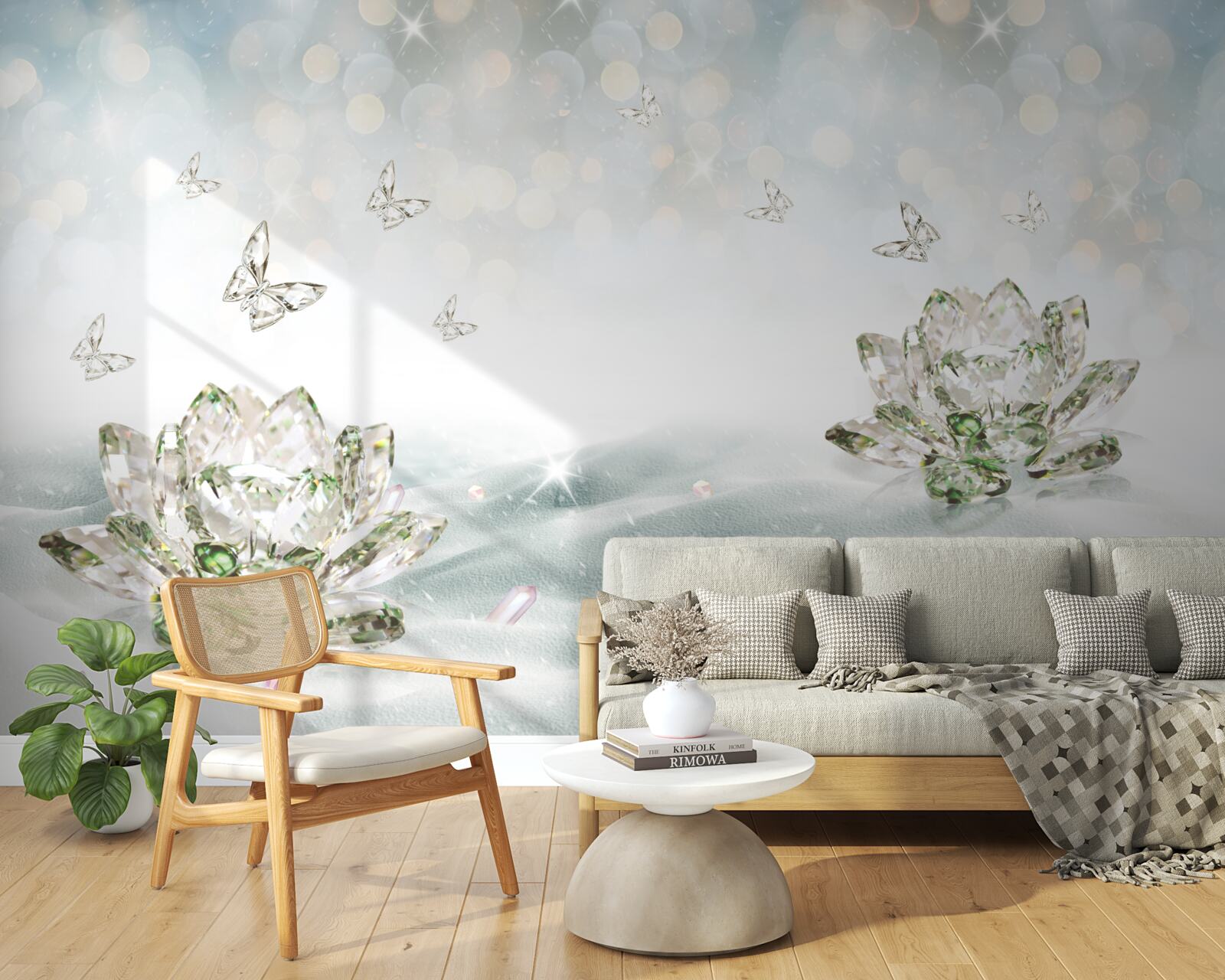 Fotobehang bloemen en vlinders van glas