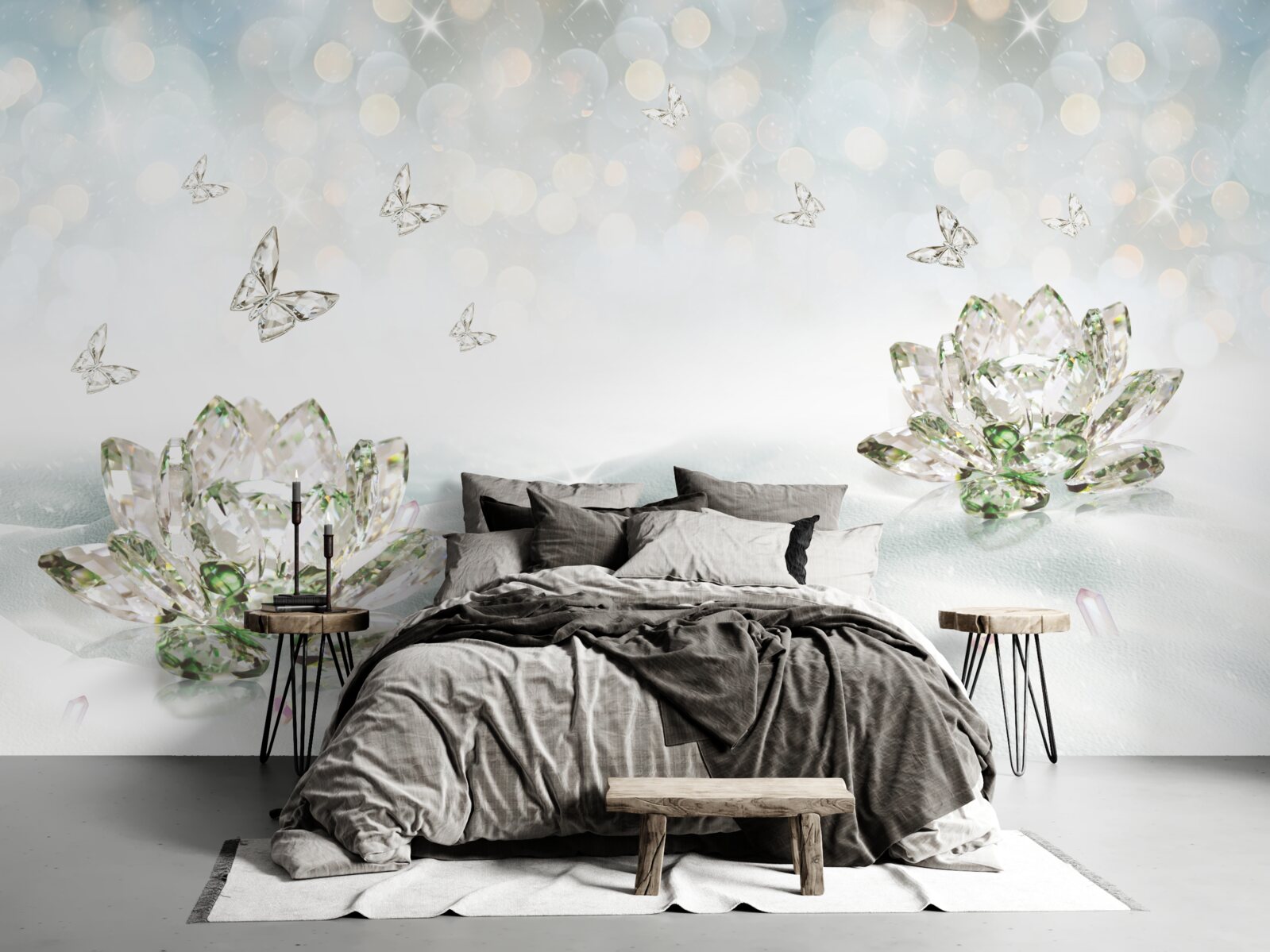 Fotobehang bloemen en vlinders van glas