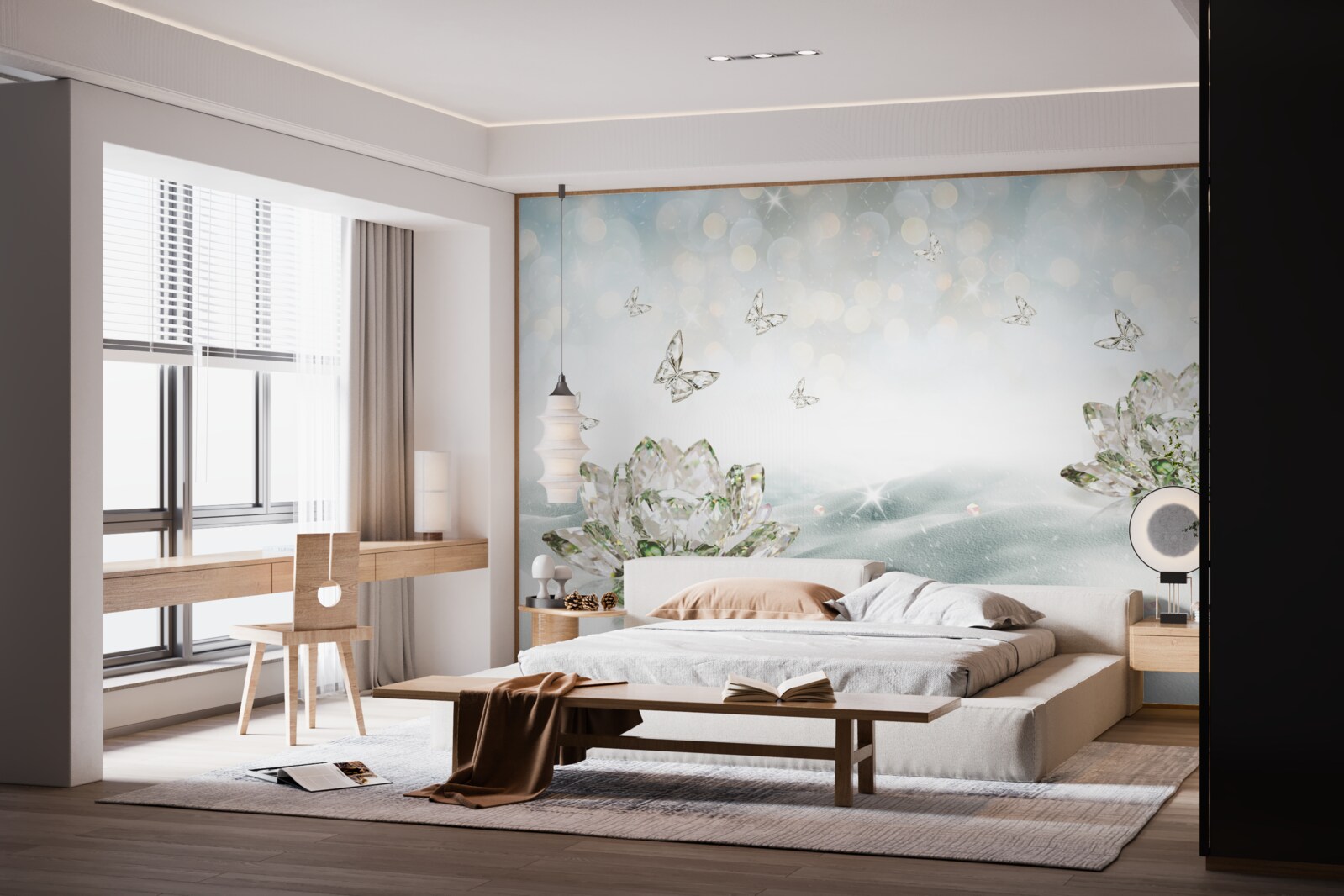 Fotobehang bloemen en vlinders van glas