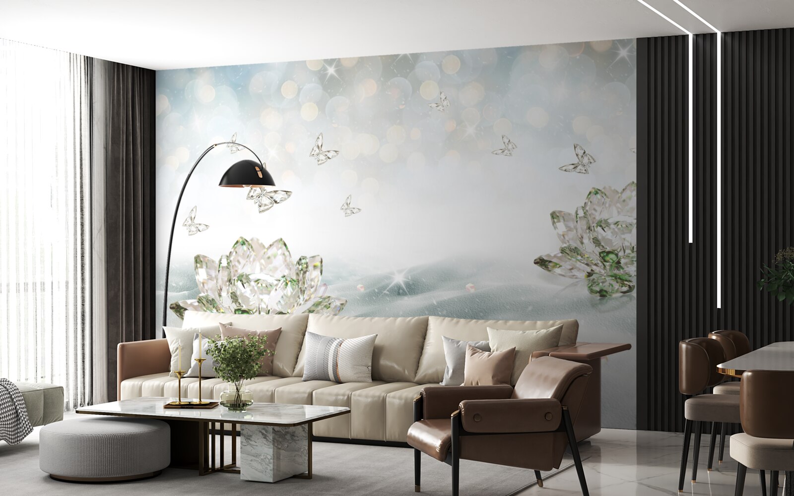 Fotobehang bloemen en vlinders van glas