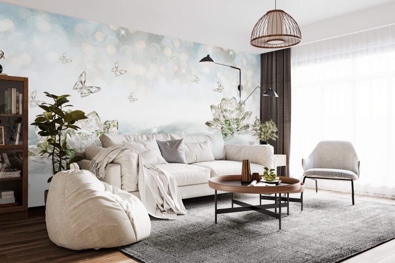 Fotobehang bloemen en vlinders van glas