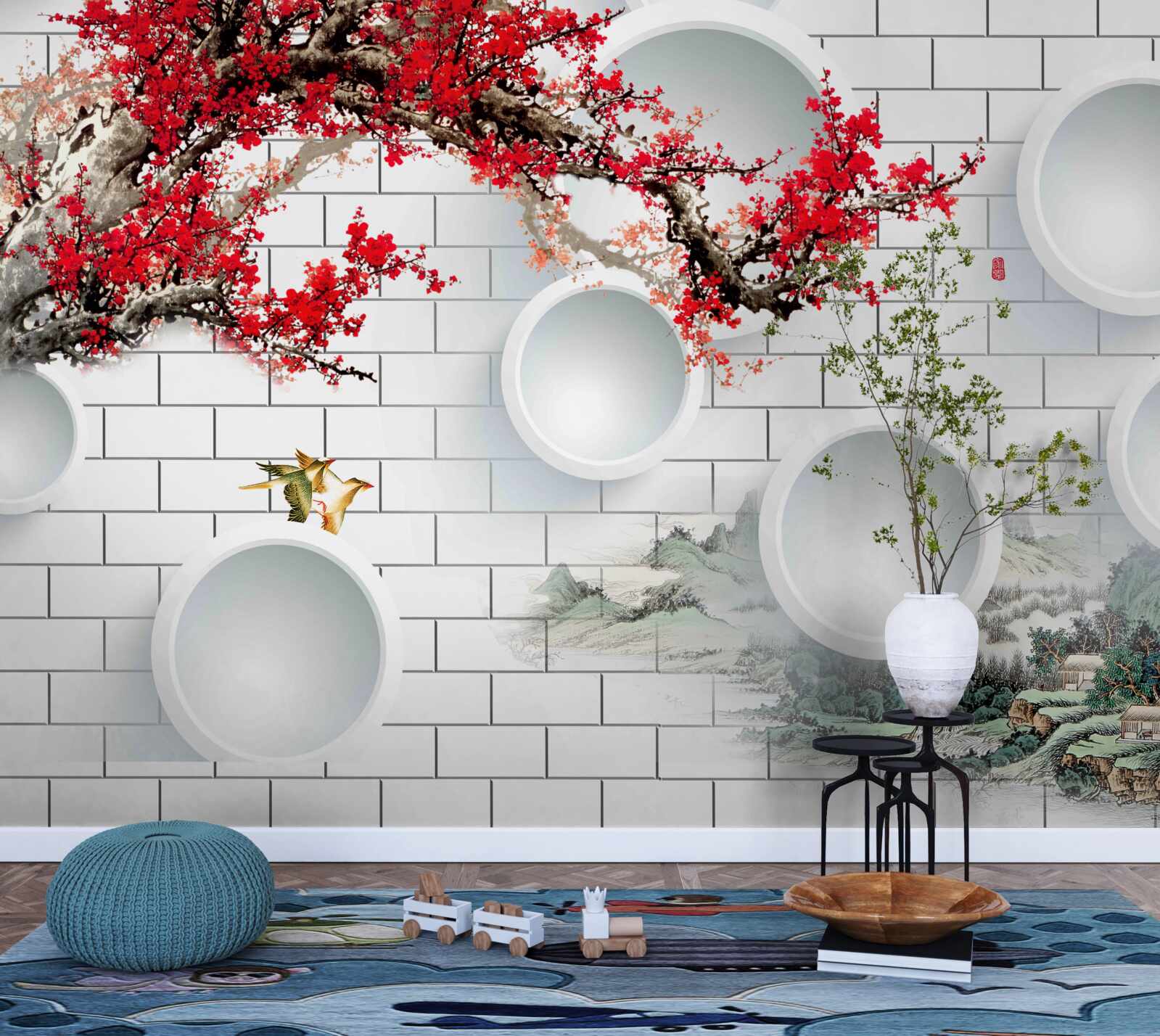 Fotobehang cirkels in geometrische stijl en landschap