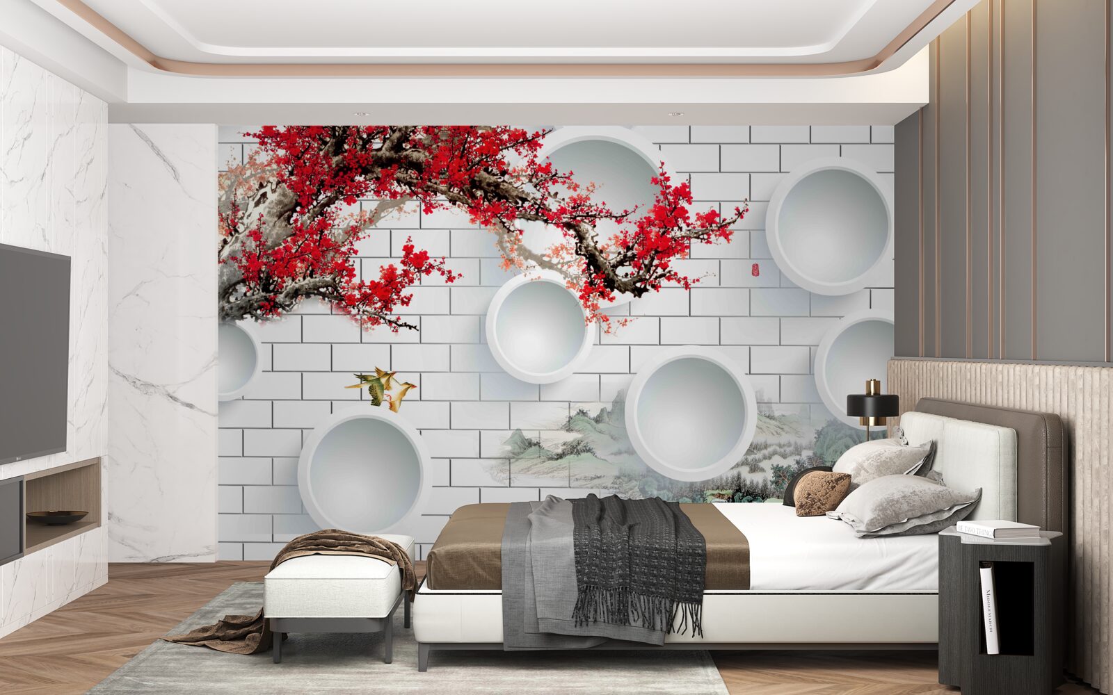 Fotobehang cirkels in geometrische stijl en landschap