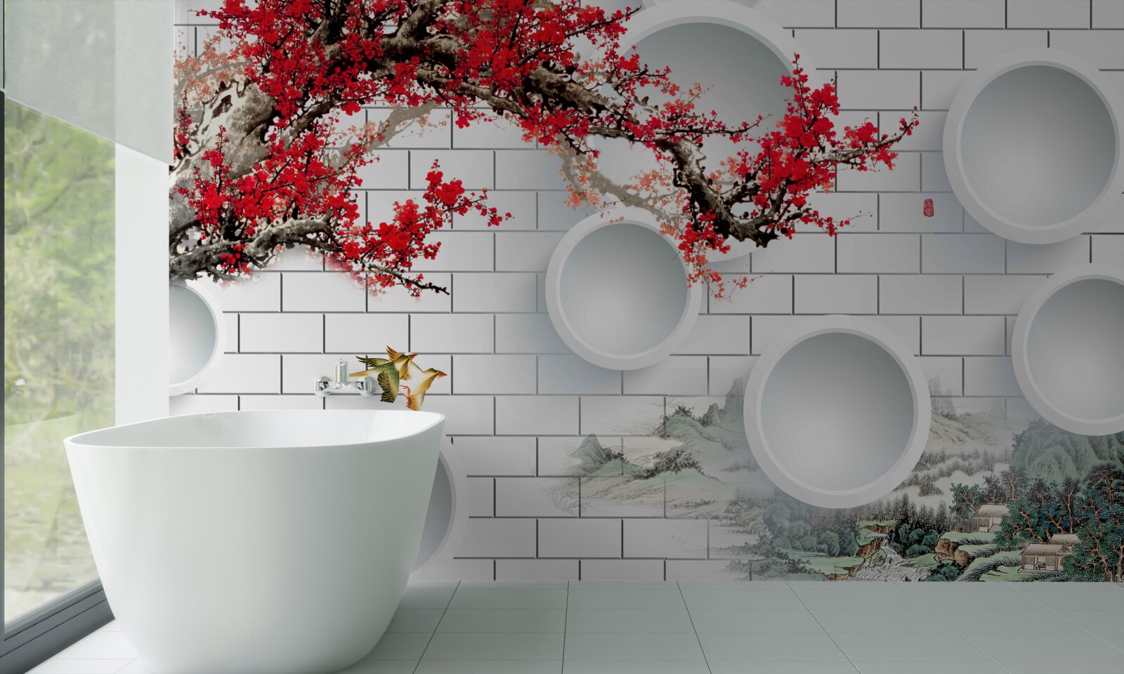 Fotobehang cirkels in geometrische stijl en landschap