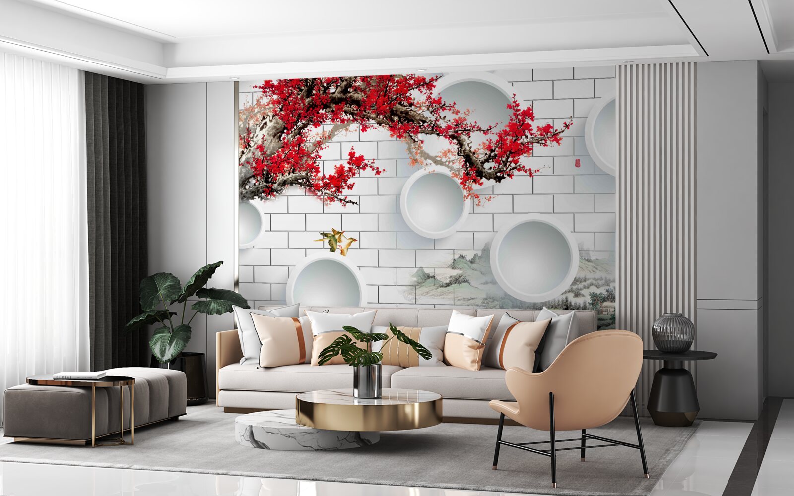 Fotobehang cirkels in geometrische stijl en landschap