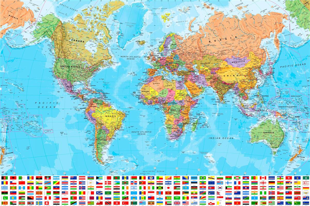Fotobehang wereldkaart met de vlaggen van landen