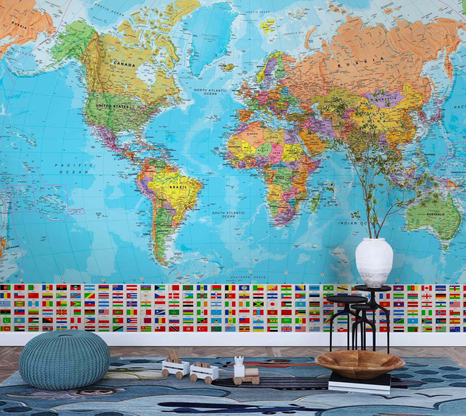 Fotobehang wereldkaart met de vlaggen van landen