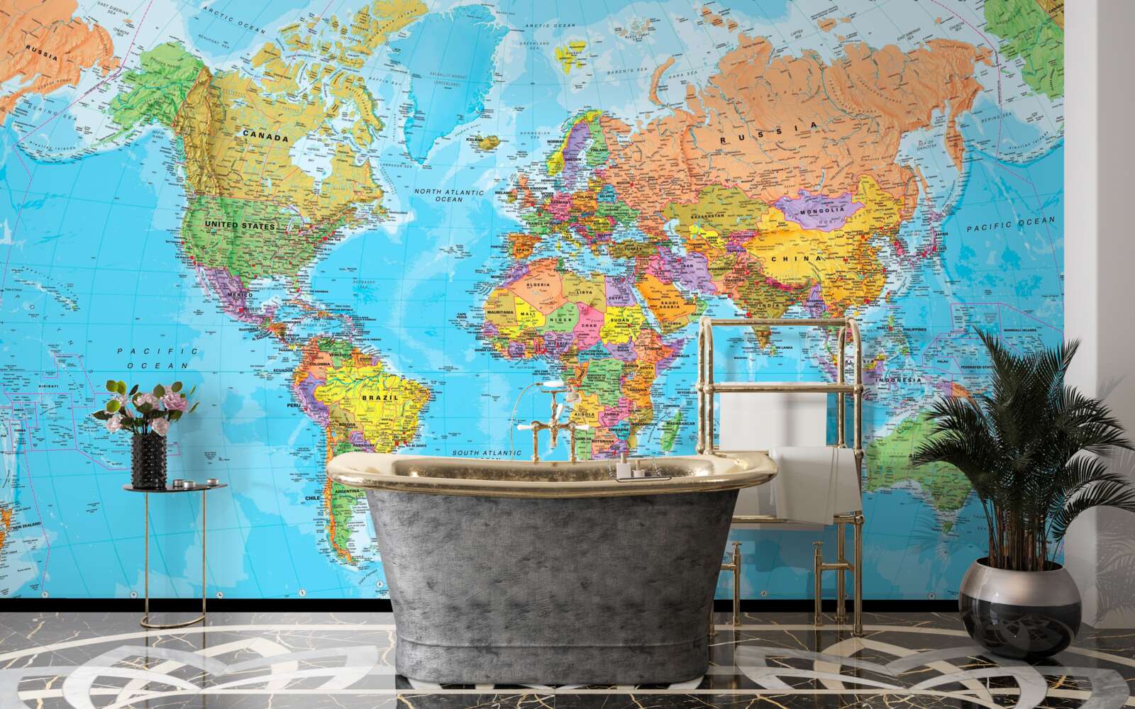 Fotobehang wereldkaart met de vlaggen van landen