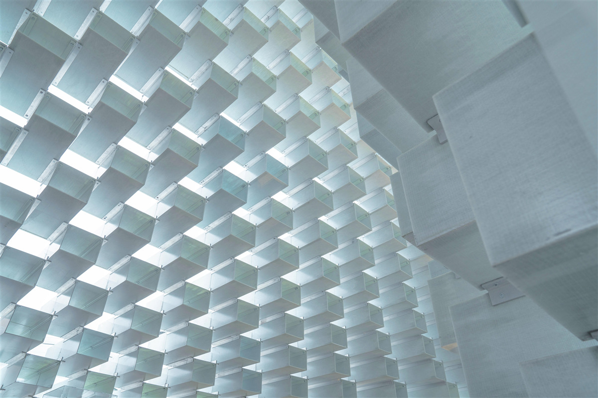 Fotobehang Muur met zwevende rechthoeken in 3d