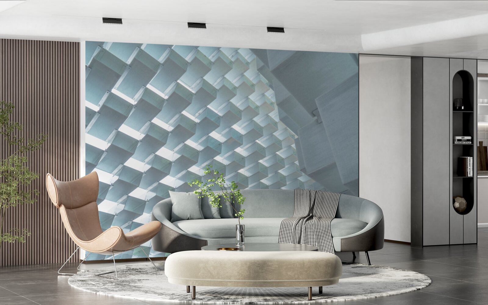 Fotobehang Muur met zwevende rechthoeken in 3d