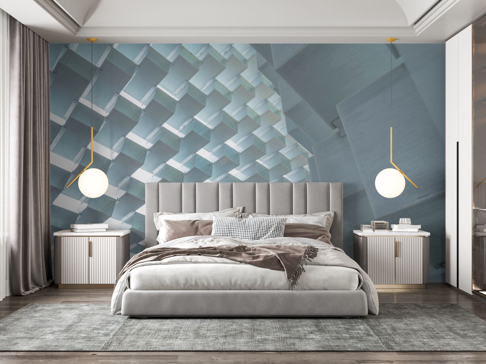 Fotobehang Muur met zwevende rechthoeken in 3d