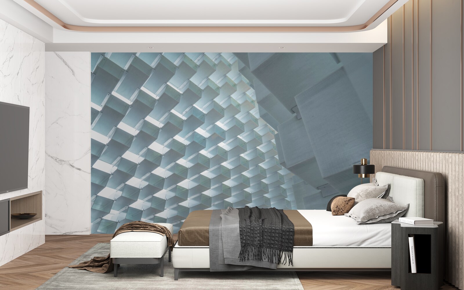 Fotobehang Muur met zwevende rechthoeken in 3d