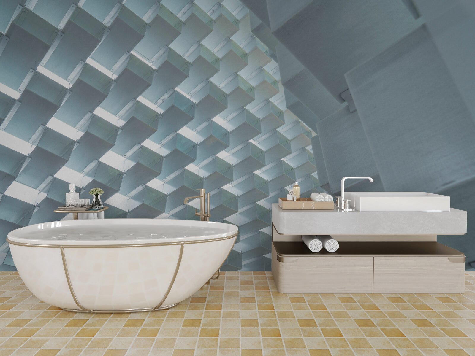 Fotobehang Muur met zwevende rechthoeken in 3d