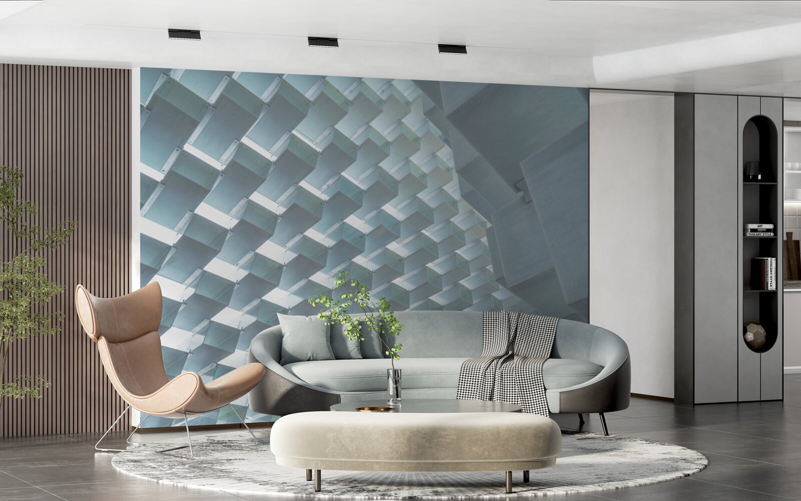 Fotobehang Muur met zwevende rechthoeken in 3d