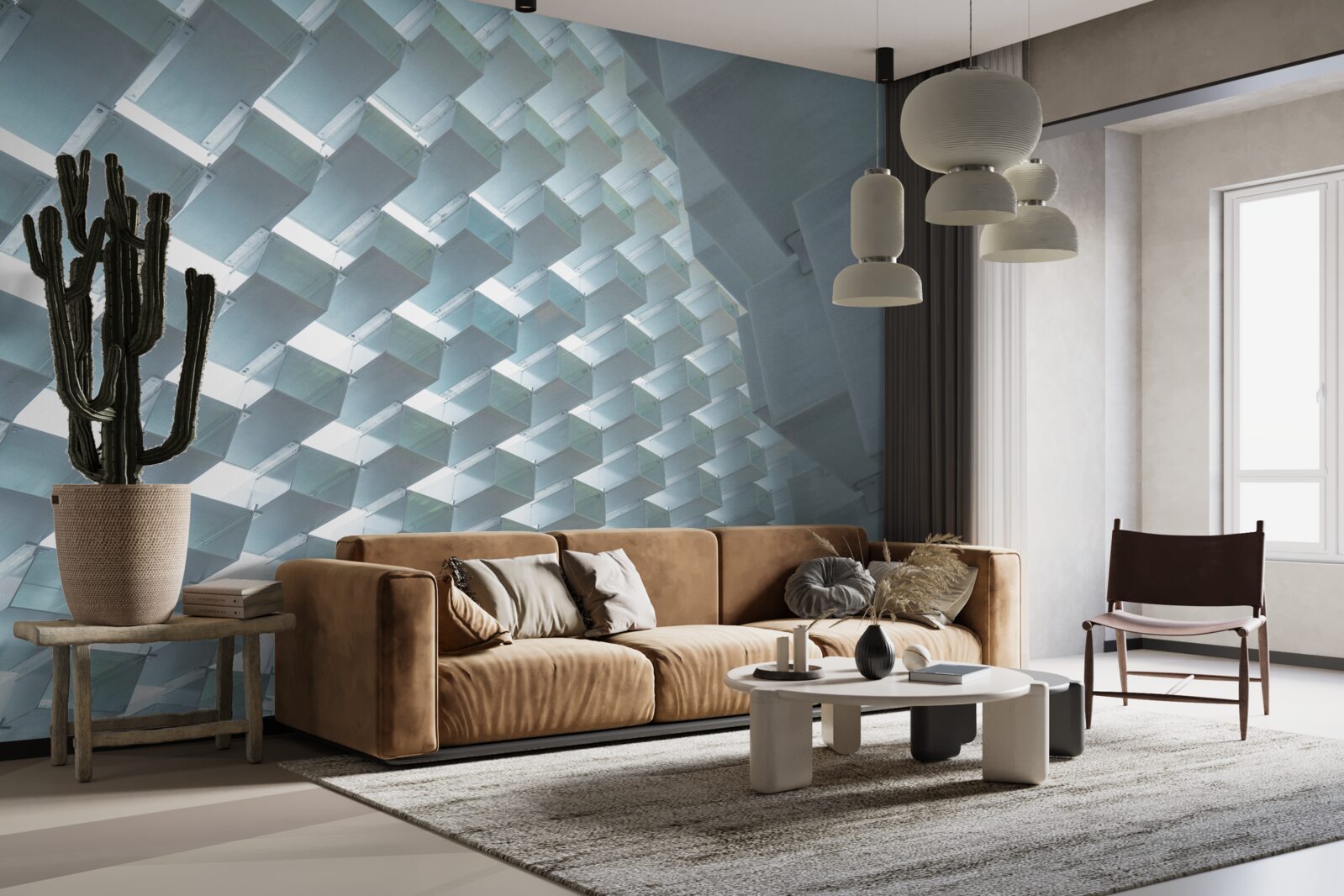 Fotobehang Muur met zwevende rechthoeken in 3d