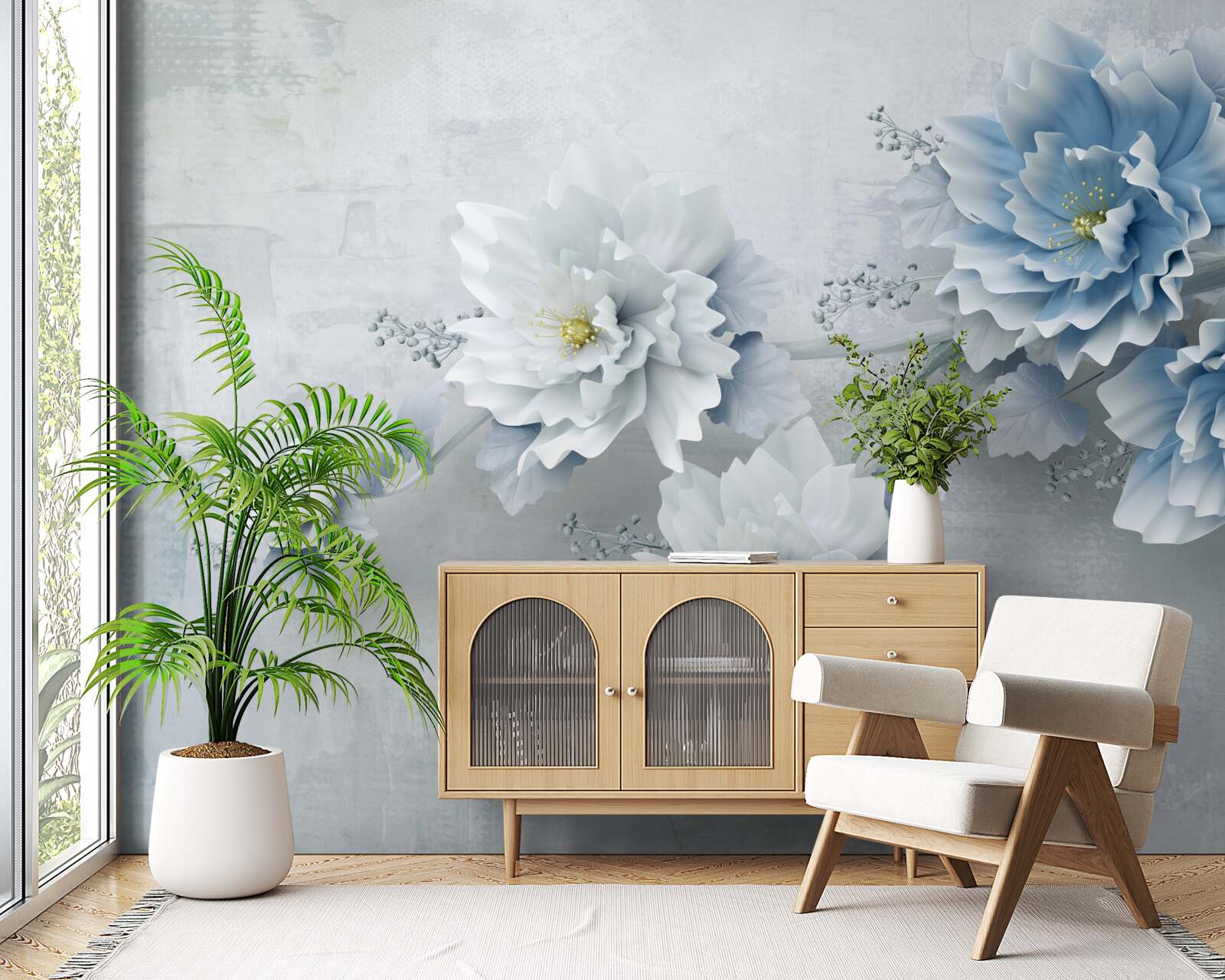 Fotobehang blauwe bloemen op een bewolkte dag