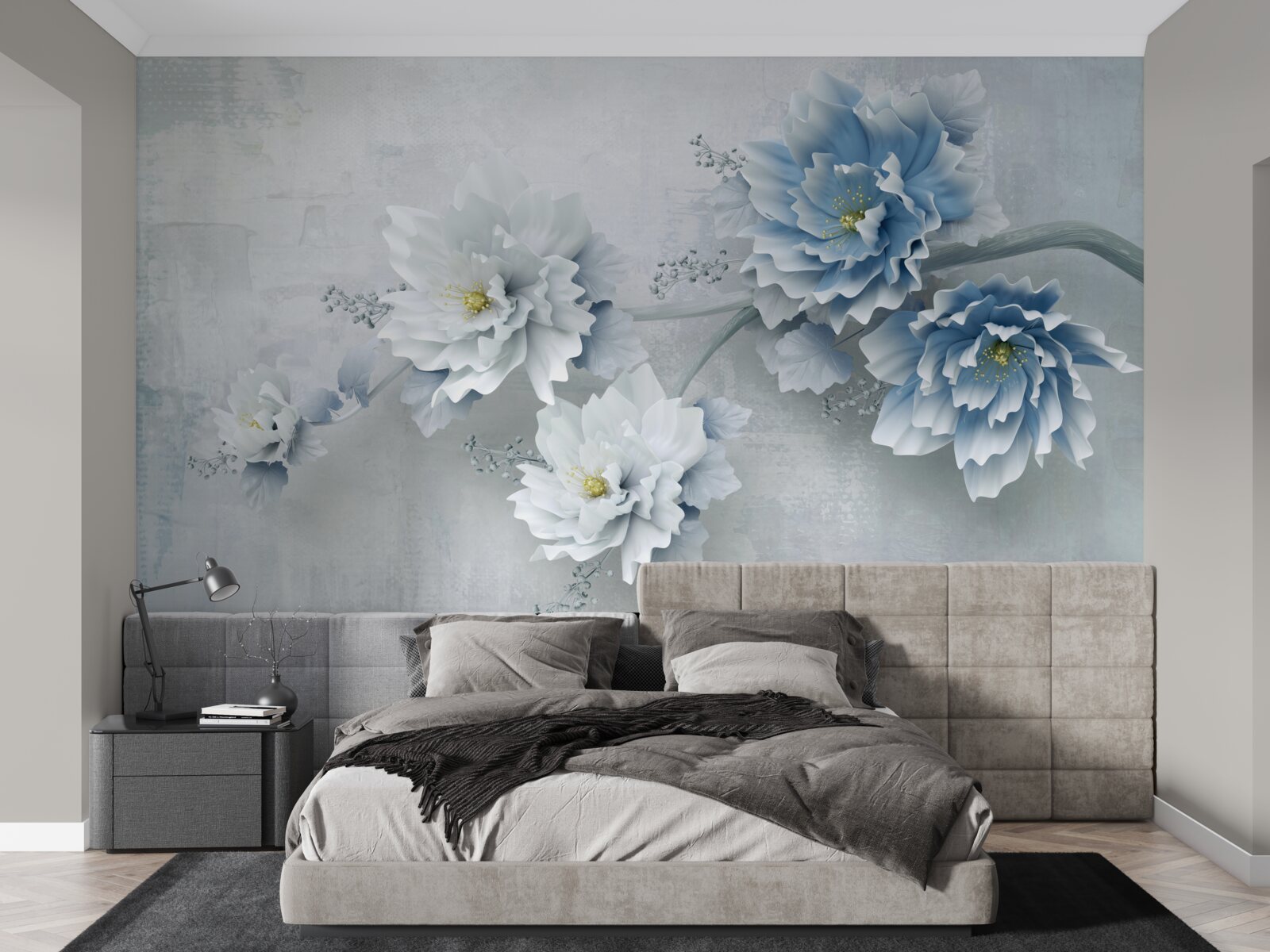 Fotobehang blauwe bloemen op een bewolkte dag