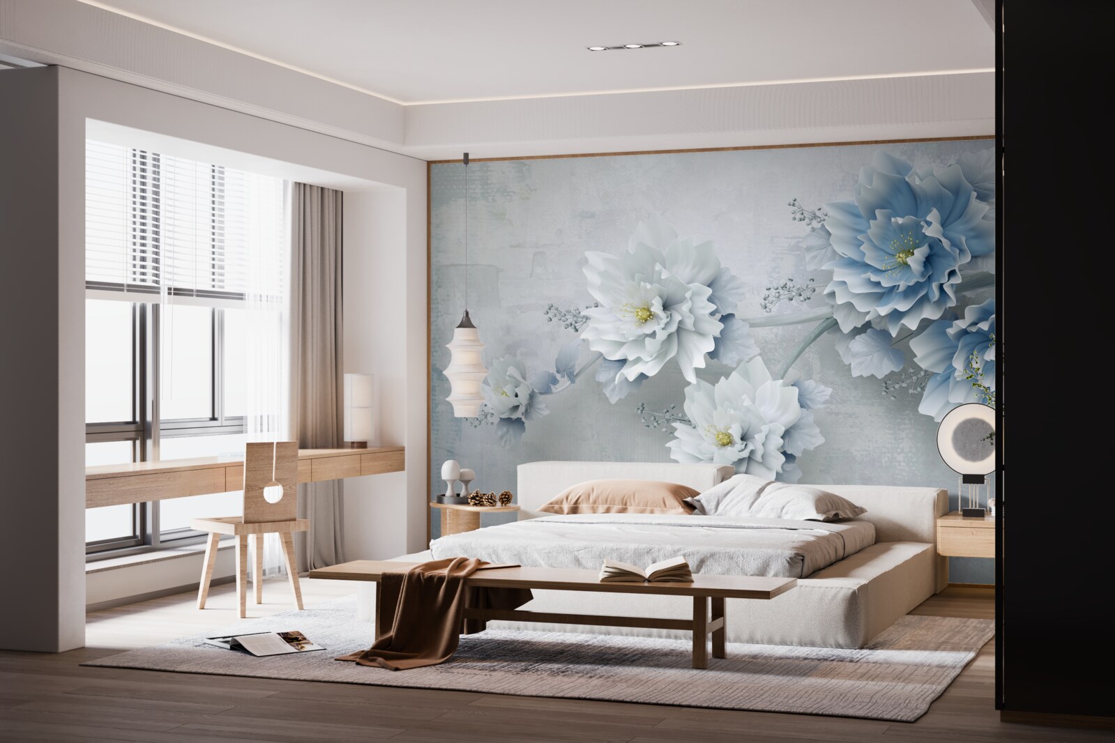 Fotobehang blauwe bloemen op een bewolkte dag