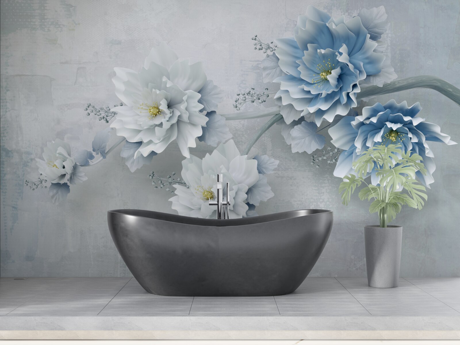 Fotobehang blauwe bloemen op een bewolkte dag