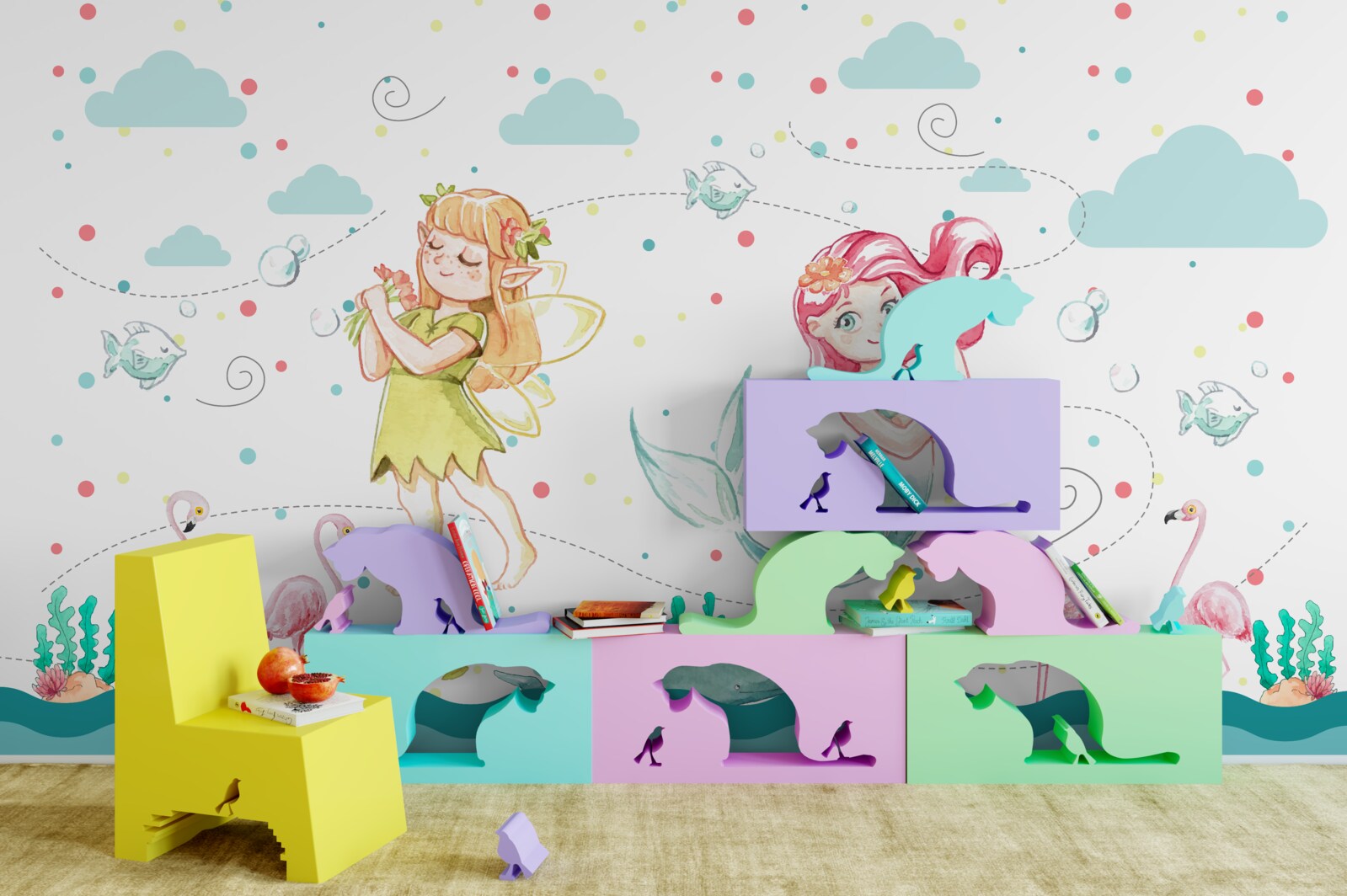 Fotobehang bij het water staan mallows en een zeemeerminboom