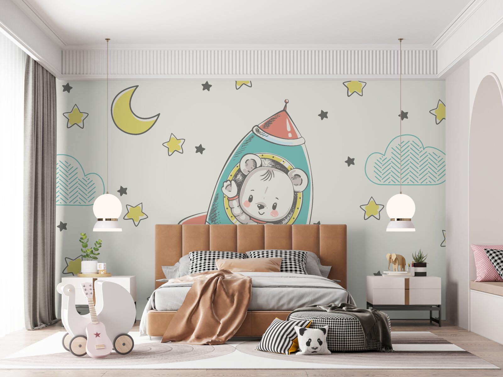 Fotobehang jonge astronaut op een ruimteschip