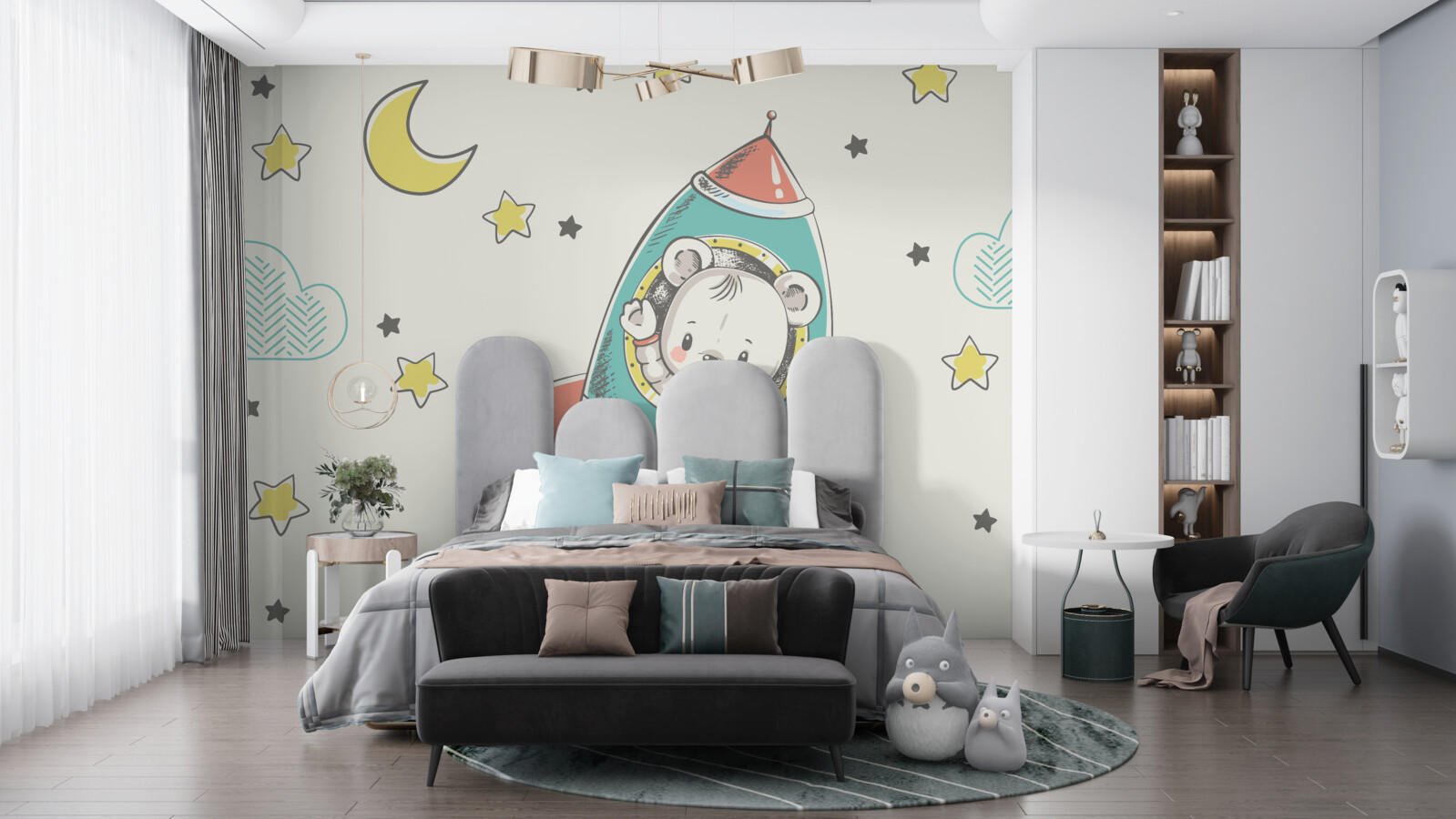 Fotobehang jonge astronaut op een ruimteschip