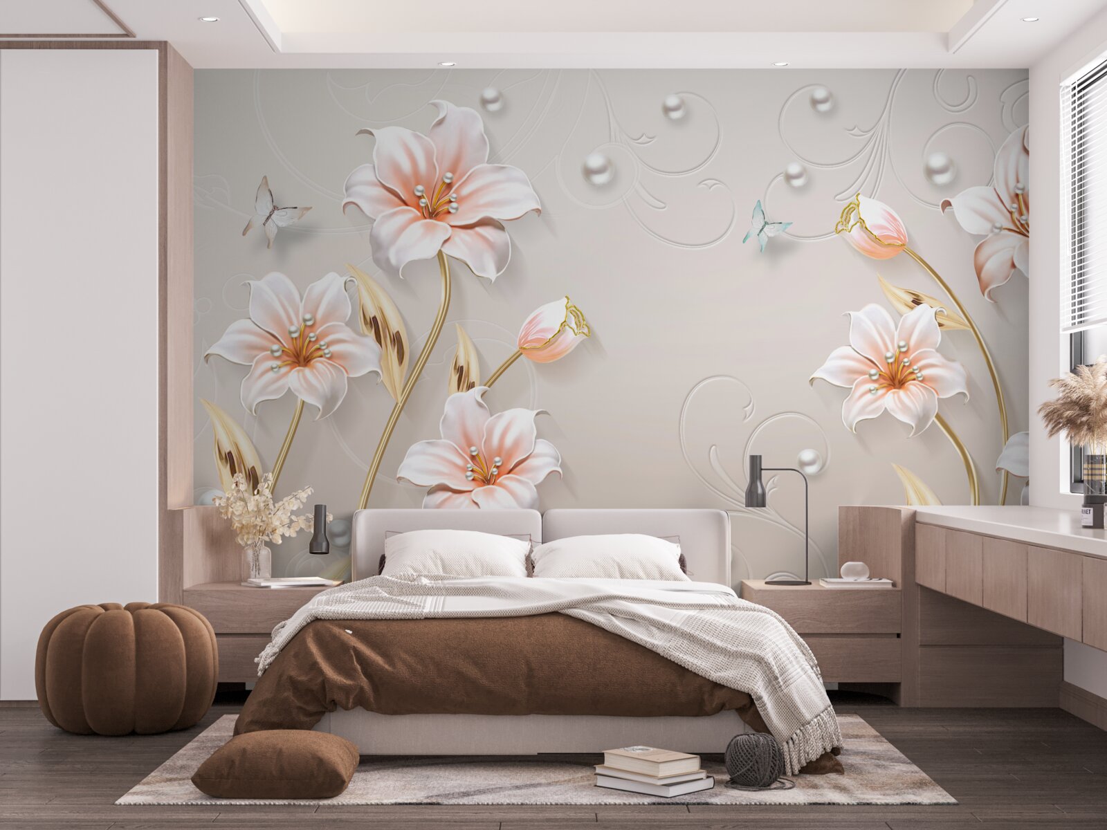 Fotobehang bloemen van metaal en parelmoer