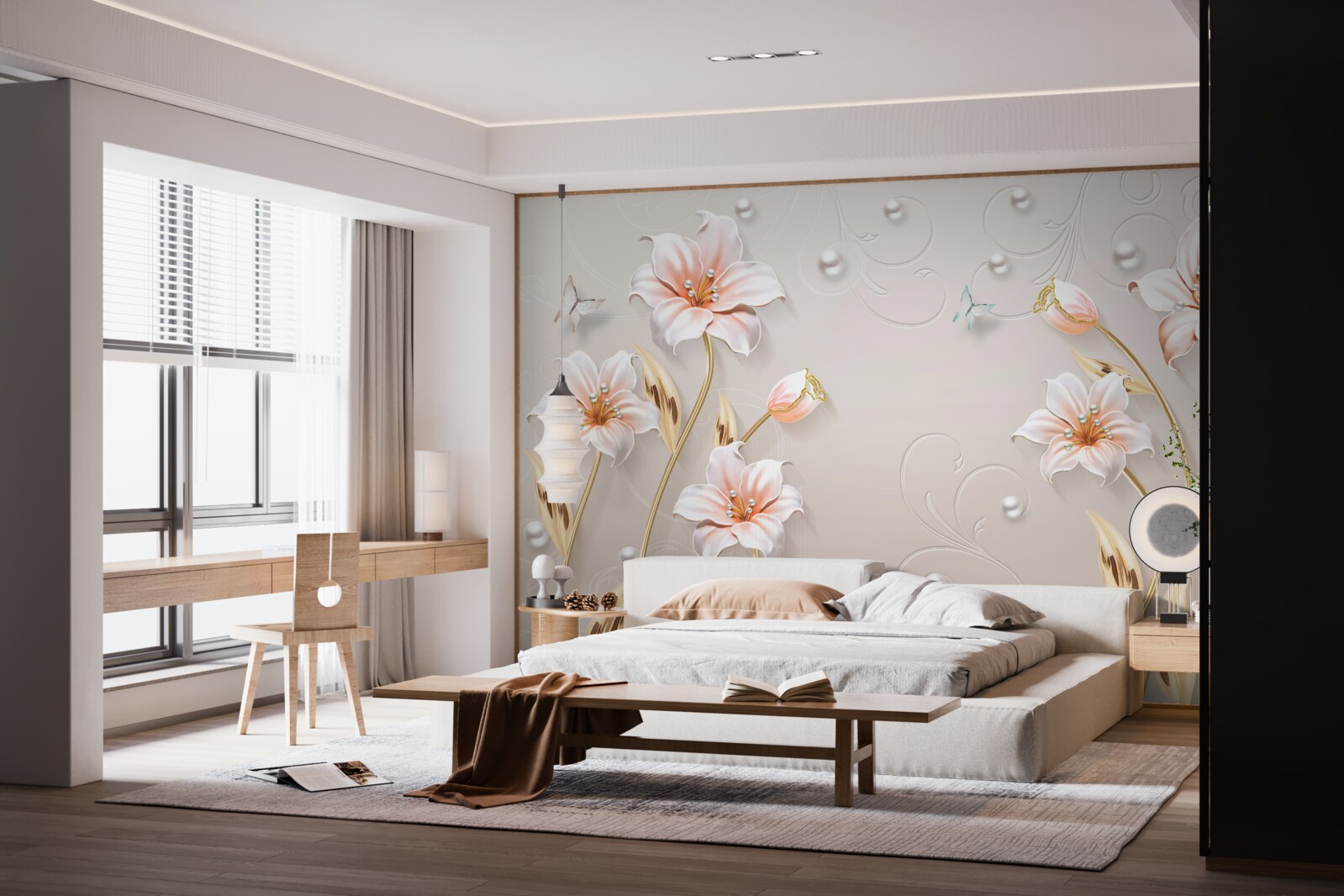 Fotobehang bloemen van metaal en parelmoer