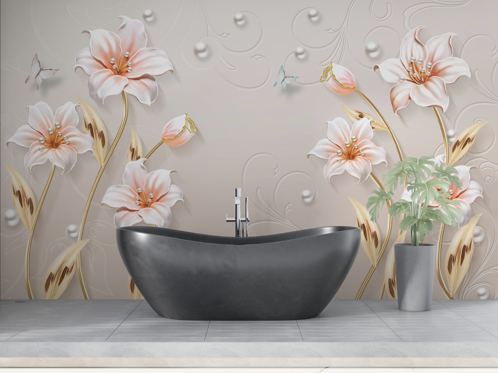 Fotobehang bloemen van metaal en parelmoer