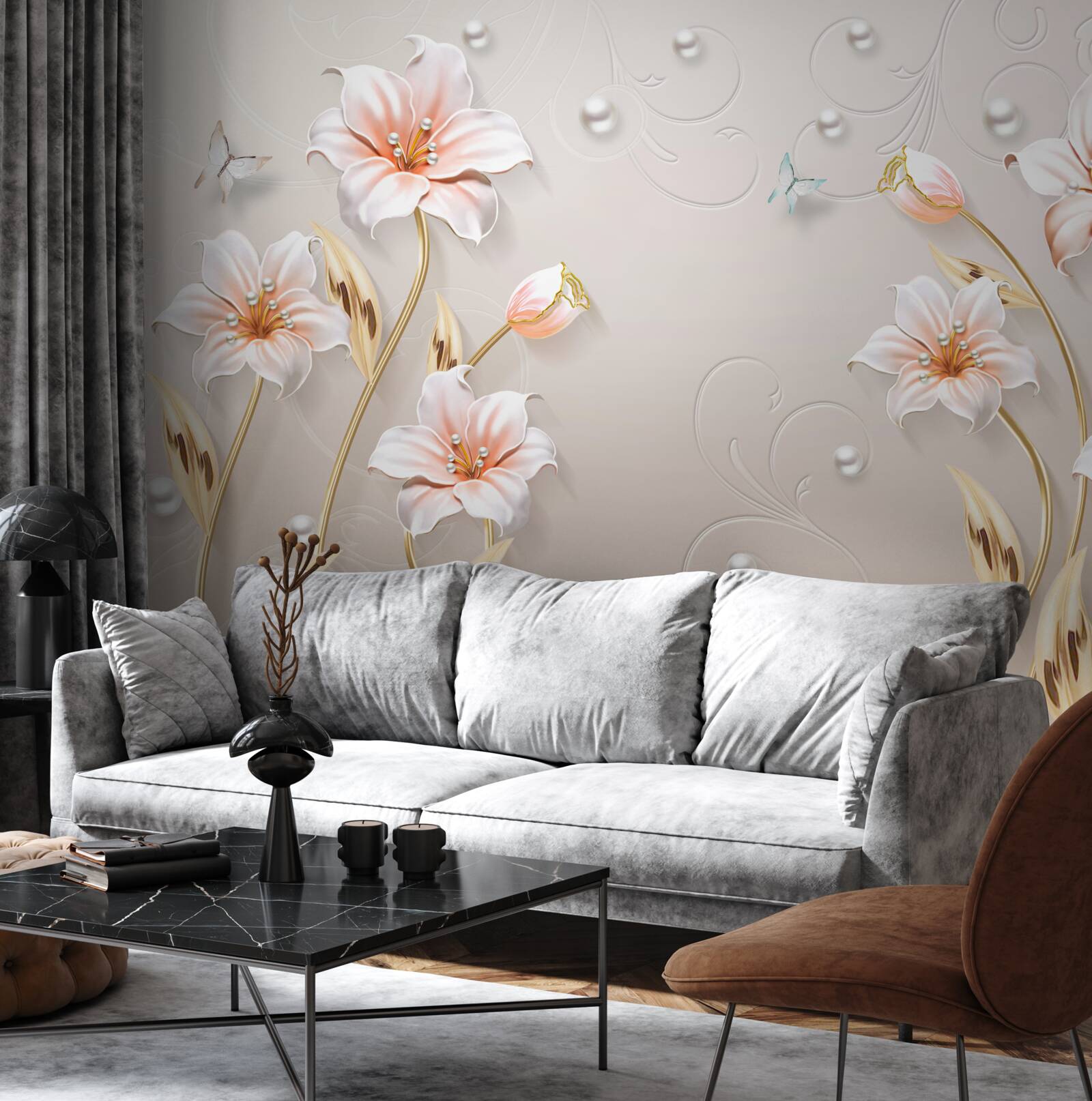 Fotobehang bloemen van metaal en parelmoer