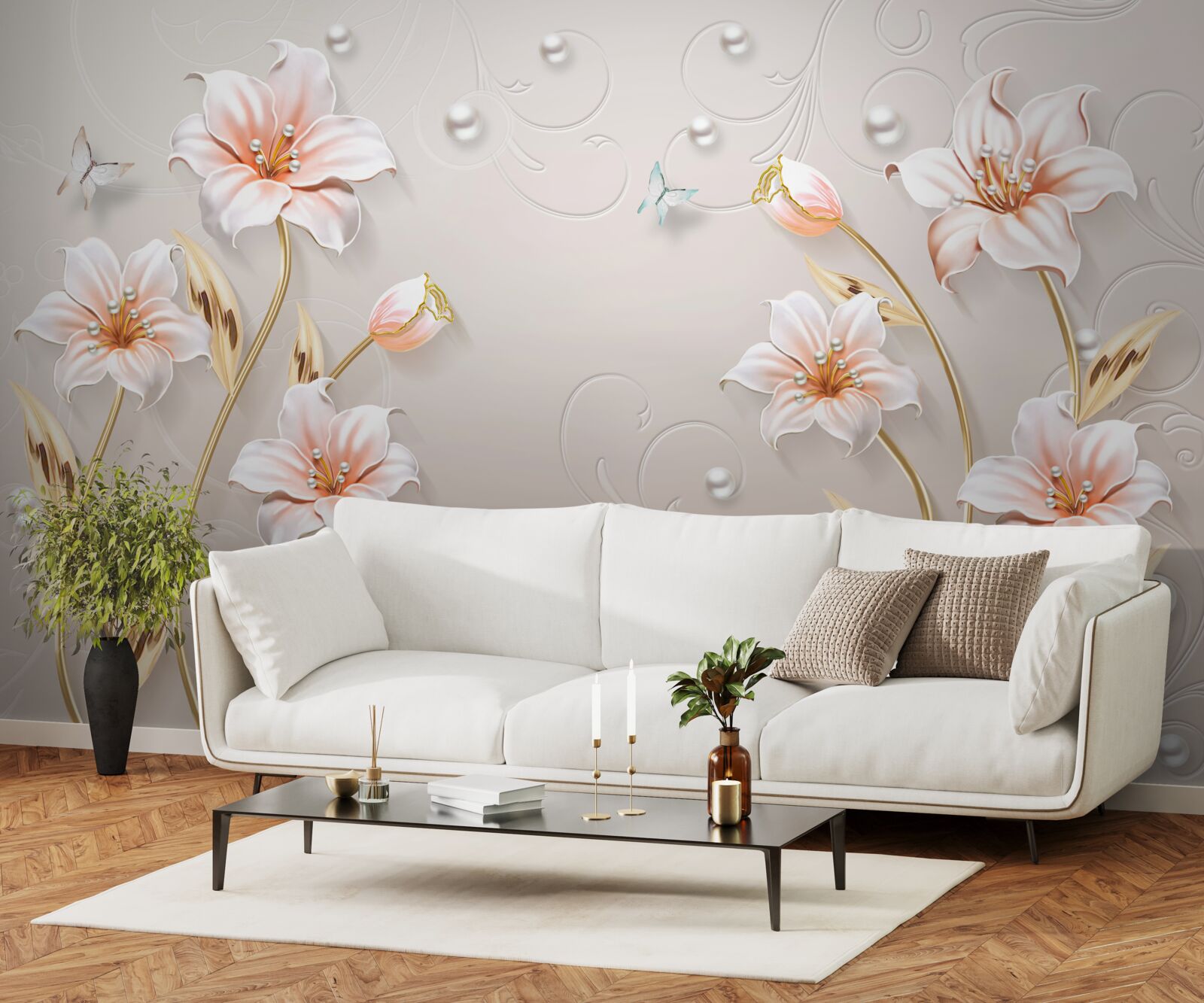 Fotobehang bloemen van metaal en parelmoer